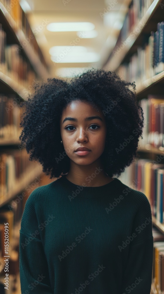 Young student standing in library corridor looking at camera Young student standing in library corridor looking at camera