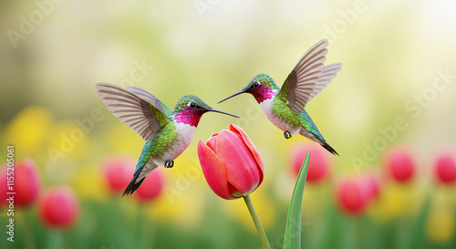 A hummingbird landing on a tulip stem, 3d illustration, with blurred background and soft focus.
