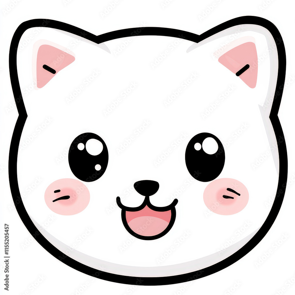 Cute Cartoon Cat Face with Big Eyes and Pink Cheeks, Ideal for Children's Products, Greeting Cards, and Fun Designs in Digital and Print Media Cute Cartoon Cat Face with Big Eyes and Pink Cheeks, Ideal for Children's Products, Greeting Cards, and Fun Designs in Digital and Print Media