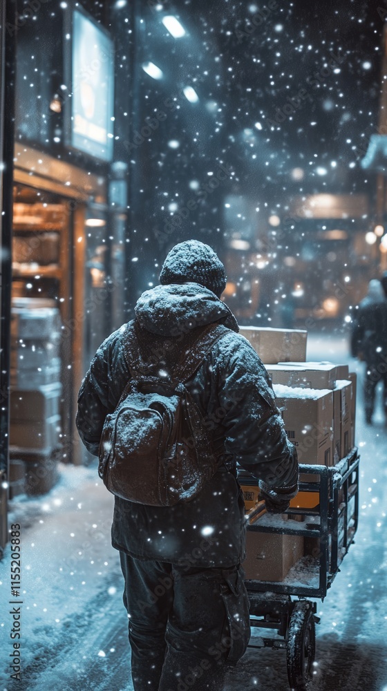 Deliveryman pushing cart with packages during snowfall in city street Deliveryman pushing cart with packages during snowfall in city street