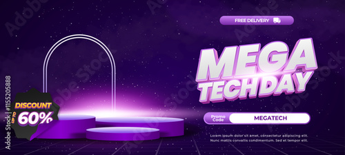 Mega Tech day Sale discount deals Editable text with Purple Blue gradient Galaxy showcase podium Horizontal banner