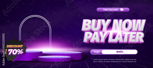 Buy Now Pay Later Sale discount deals Editable text with Purple Blue gradient Galaxy showcase podium Horizontal banner