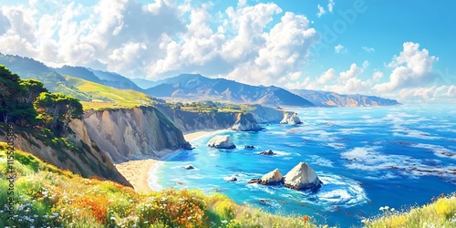 A breathtaking view of the California coastline, with rugged cliffs and sparkling blue waters. The sun casts long shadows across green meadows filled with wildflower