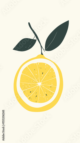Minimalist Lemon Slice Illustration with Leaves on Off-White Background for Freshness Concept