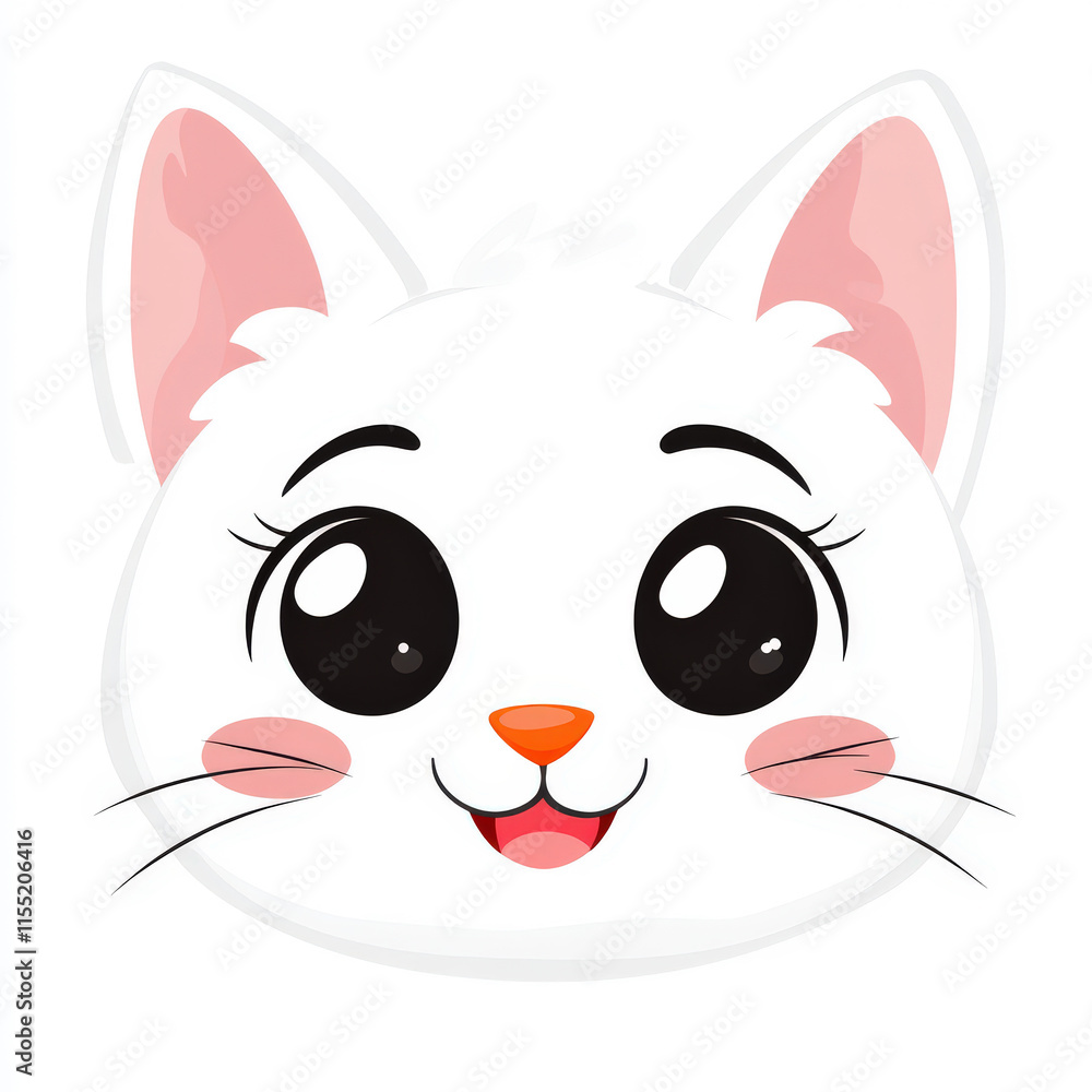 Obraz premium Cute Cartoon Cat Face with Big Eyes, Pink Ears, and a Friendly Smile on a White Background Ideal for Children's Illustrations and Designs
