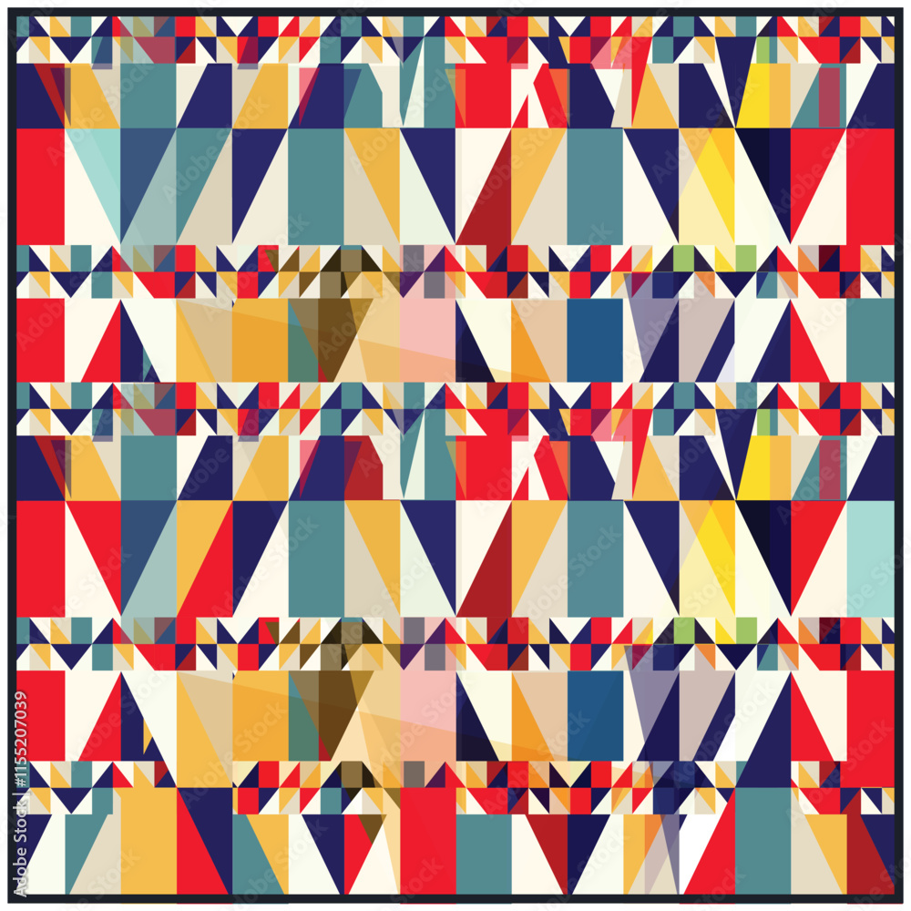 Colorful geometric quilt pattern with a vibrant, triangular motif and pattern border, quilt adorned with geometric shapes, displaying a harmonious blend of colors and patterns in a cozy design. Colorful geometric quilt pattern with a vibrant, triangular motif and pattern border, quilt adorned with geometric shapes, displaying a harmonious blend of colors and patterns in a cozy design.