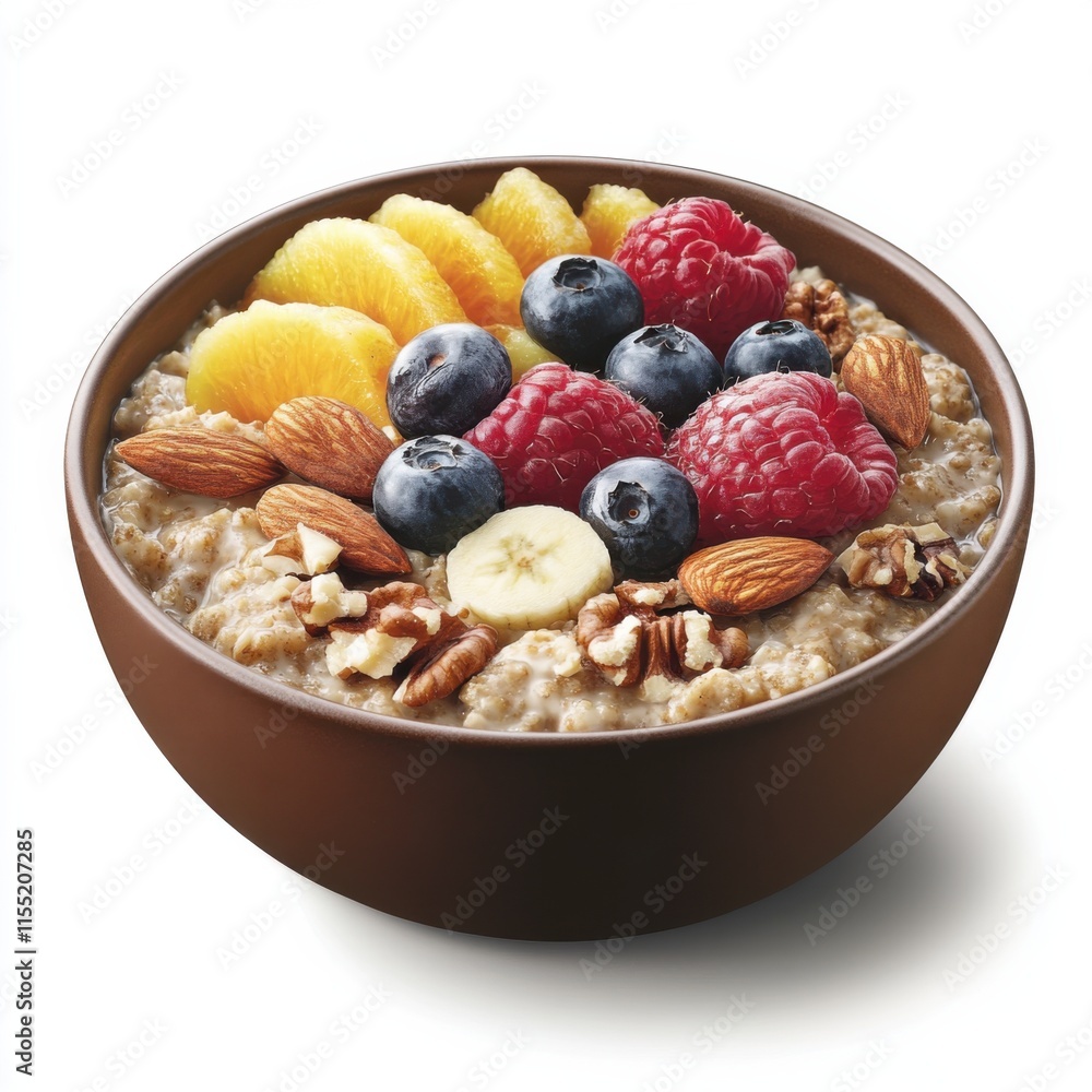 Warm bowl of oatmeal with toppings. Featuring fresh fruits and nuts Warm bowl of oatmeal with toppings. Featuring fresh fruits and nuts