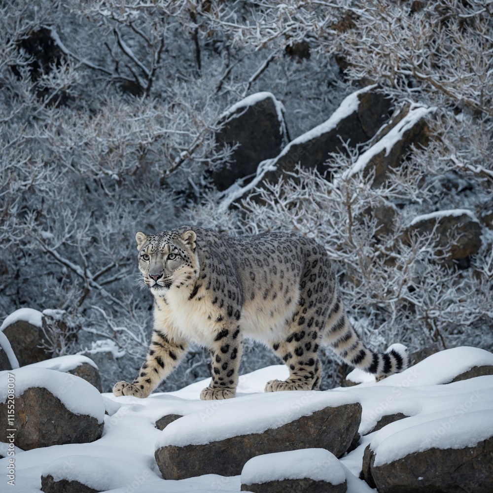 Fototapeta premium A snow leopard navigating icy boulders surrounded by snow-covered trees.