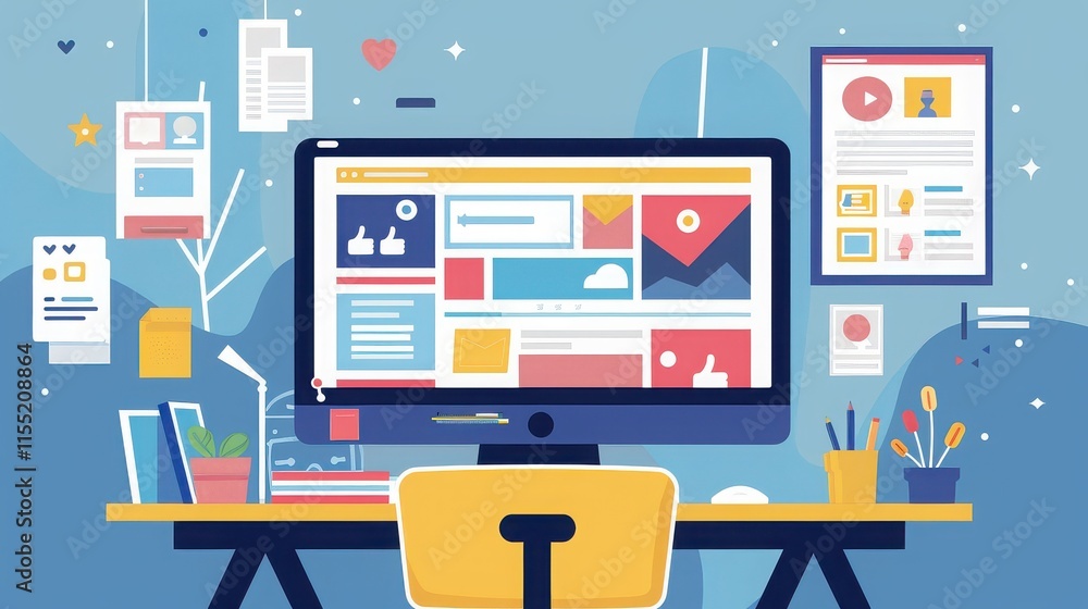 A graphic designer working on a vibrant social media ad campaign on a computer screen, with a stylized feed layout in the background. A graphic designer working on a vibrant social media ad campaign on a computer screen, with a stylized feed layout in the background.