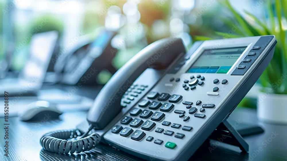 A sleek black office telephone sits on a dark wooden desk, surrounded by green plants, reflecting natural light from nearby windows. Tools for productivity are clearly present A sleek black office telephone sits on a dark wooden desk, surrounded by green plants, reflecting natural light from nearby windows. Tools for productivity are clearly present