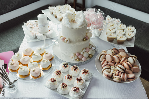 Wallpaper Mural Delicious sweet buffet with with cake, cupcakes, macaroons and biscuits. Luxury Candy Bar for celebration, wedding, birthday Torontodigital.ca