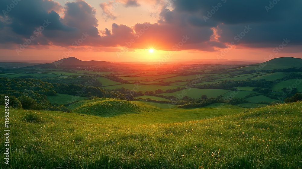 Irish countryside with rolling green hills and a pot of gold glowing under a sunset sky Irish countryside with rolling green hills and a pot of gold glowing under a sunset sky