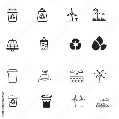 Minimalistic Outline Eco-Friendly Icons: Recycling, Renewable Energy, Sustainability & Green Living