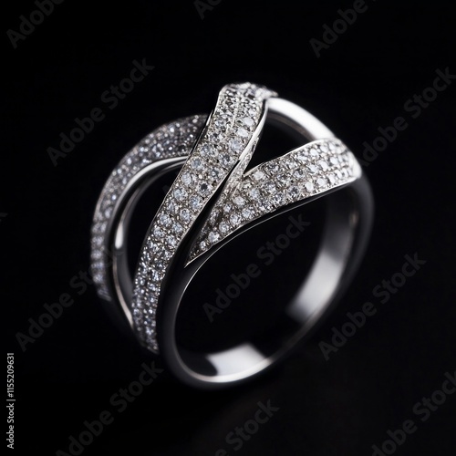 Elegant diamond-encrusted white gold ring with interwoven design photo