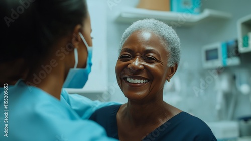 Smiling Elderly Woman Being Cared for by a Nurse in Hospital