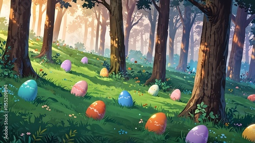 A magical scene of floating Easter eggs in a serene forest, holiday promo poster Easter sale banner background, vibrant colors, romantic love and harmony photo