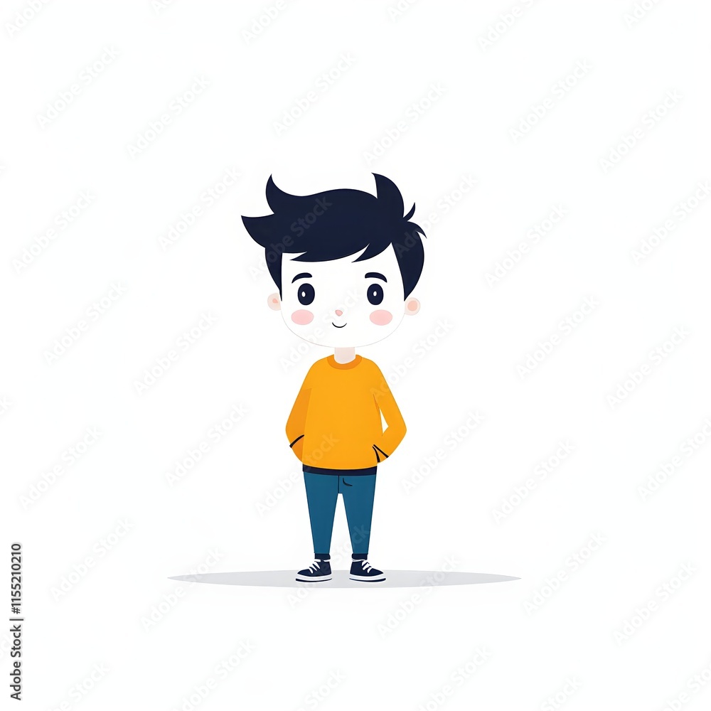 Fototapeta premium A simple cartoon little cute boy with a white background