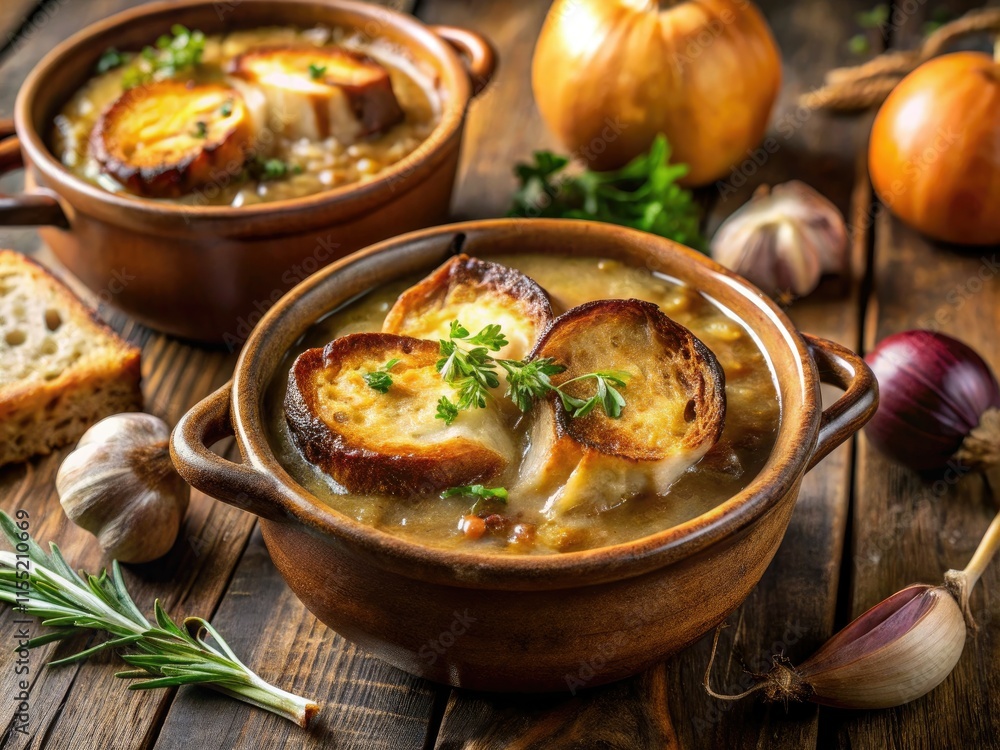 Golden broth, caramelized onions, and crusty bread: a macro lens reveals French onion soup's delicious depths. Golden broth, caramelized onions, and crusty bread: a macro lens reveals French onion soup's delicious depths.