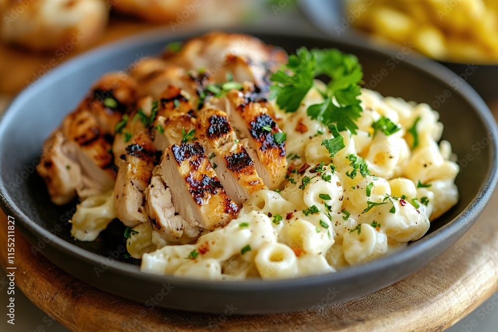 Grilled chicken served with creamy macaroni salad and fresh herb Grilled chicken served with creamy macaroni salad and fresh herb