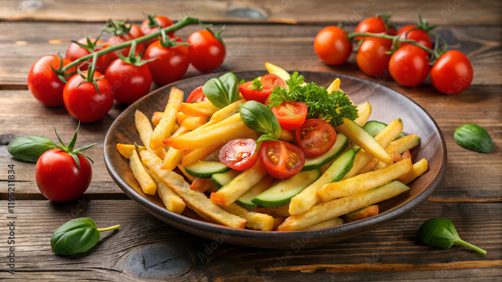 Crispy fries, tomatoes, cucumber. Crispy fries, tomatoes, cucumber.