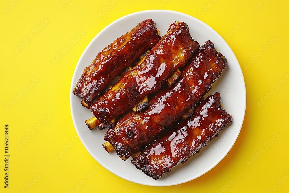 Succulent BBQ ribs glazed in rich sauce, vibrant against bright Succulent BBQ ribs glazed in rich sauce, vibrant against bright
