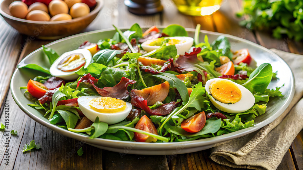 A salad with greens, bacon and eggs