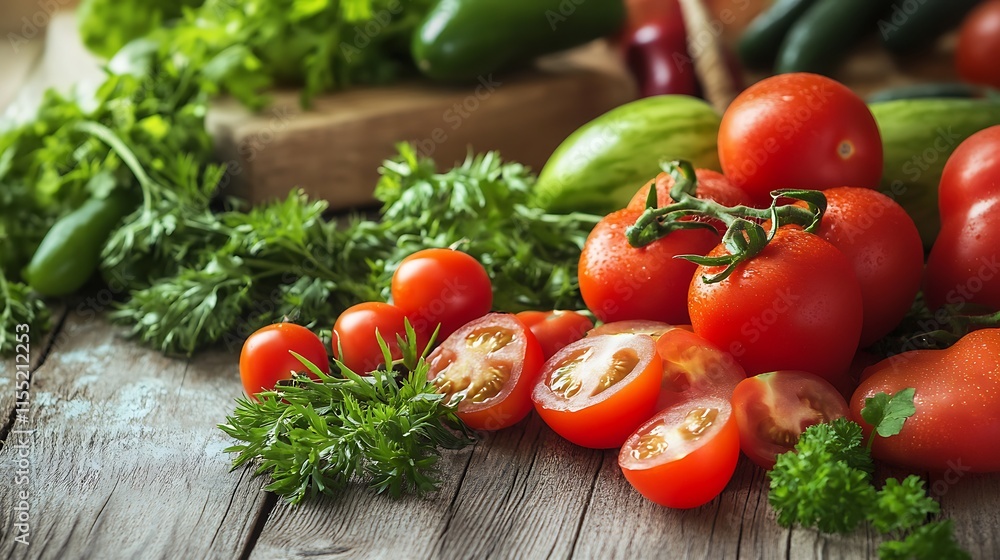 Fresh Tomatoes and Vegetables on Wooden Table. Healthy Food Concept. Fresh Tomatoes and Vegetables on Wooden Table. Healthy Food Concept.