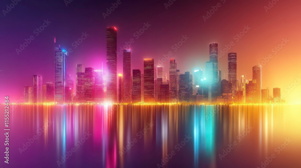 Vibrant abstract city skyline with neon lights and reflections futuristic atmosphere Vibrant abstract city skyline with neon lights and reflections futuristic atmosphere