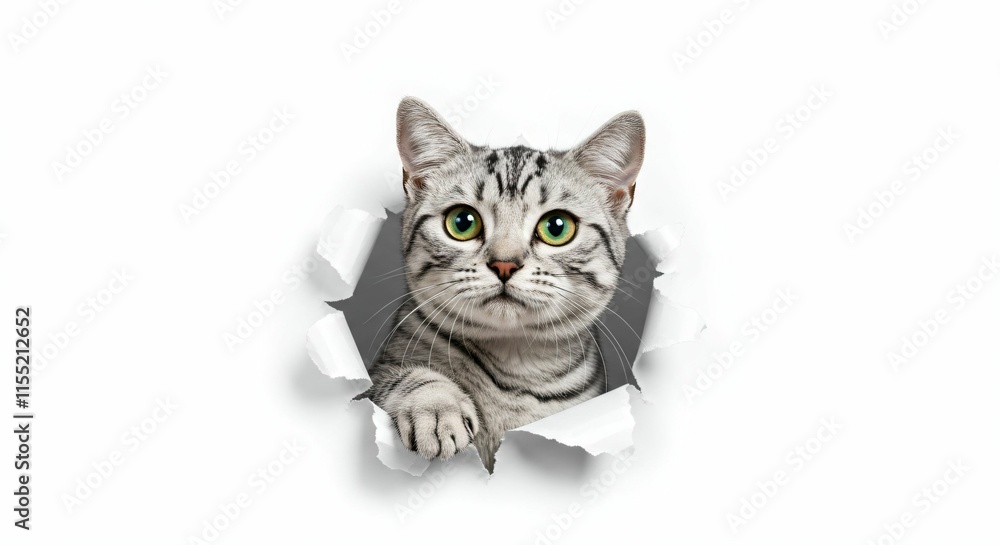 Adorable American Shorthair Cat Emerging Through Torn Paper on White Background Adorable American Shorthair Cat Emerging Through Torn Paper on White Background