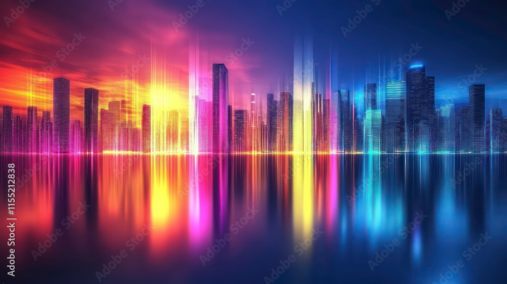 Vibrant abstract city skyline with neon lights and reflections futuristic atmosphere Vibrant abstract city skyline with neon lights and reflections futuristic atmosphere