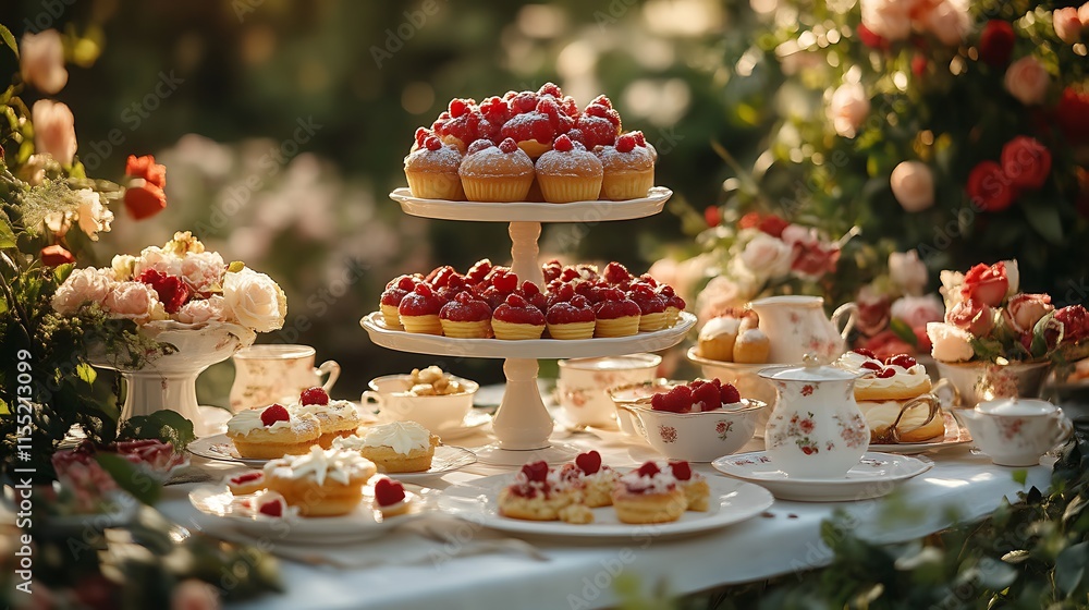 Elegant outdoor tea party with raspberry pastries and roses. Elegant outdoor tea party with raspberry pastries and roses.