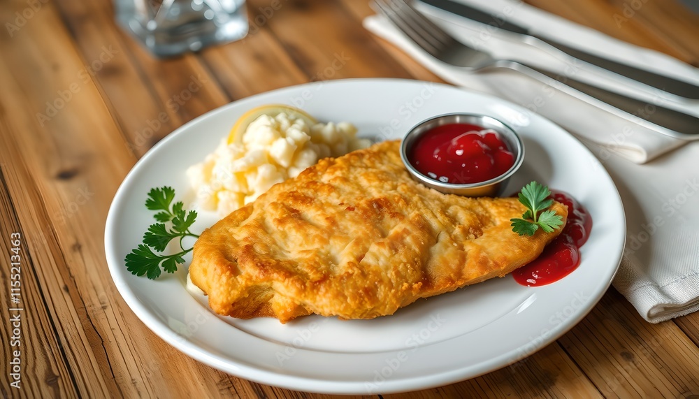 Wiener Schnitzel - Classic Golden-Brown Schnitzel with Potato Salad and Lingonberry Sauce Wiener Schnitzel - Classic Golden-Brown Schnitzel with Potato Salad and Lingonberry Sauce