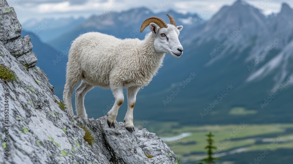 Fototapeta premium Mountain goat perched on a rocky cliff overlooking a valley.