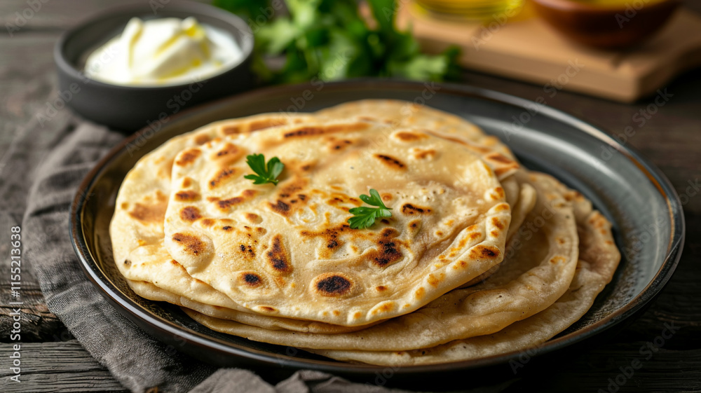 Stack of fresh Homemade Flour Tortillas with golden brown spots, closely arranged in a pile, highlighting their texture and crispiness. Stack of fresh Homemade Flour Tortillas with golden brown spots, closely arranged in a pile, highlighting their texture and crispiness.