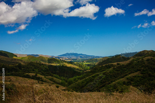 Beautiful mountain landscape in summer. Green rolling hills and distant wind turbines. Waikato, New Zealand photo