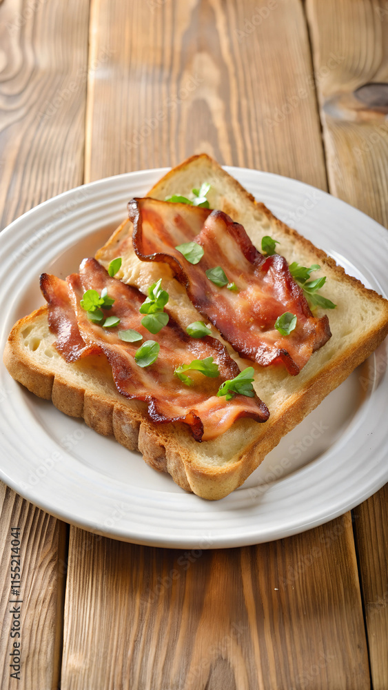 A white plate topped with bacon and toast A white plate topped with bacon and toast