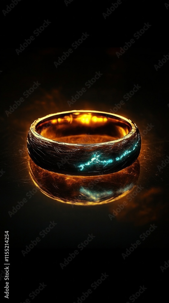 Luminous golden ring on glossy surface with intricate patterns Luminous golden ring on glossy surface with intricate patterns