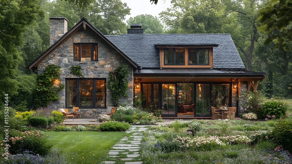 A rustic farmhouse surrounded by verdant fields and blooming spring gardens