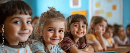 primary elementary school group of children studying in the classroom. learning and sitting at the desk. young cute kids smiling, high quality photo