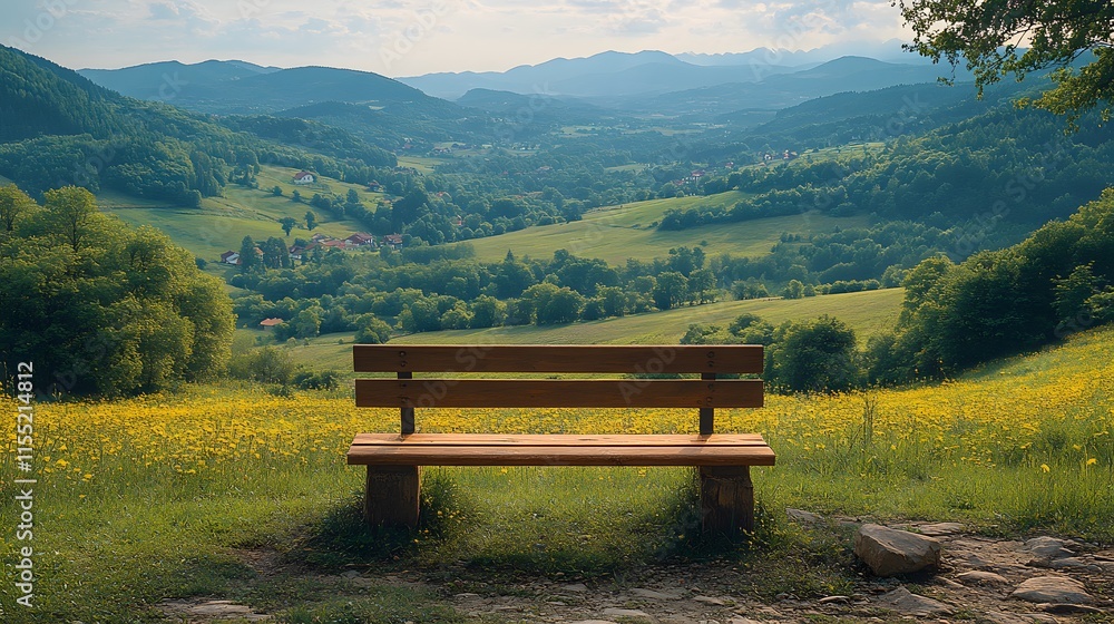 A peaceful meditation spot overlooking a verdant valley bathed in spring light A peaceful meditation spot overlooking a verdant valley bathed in spring light
