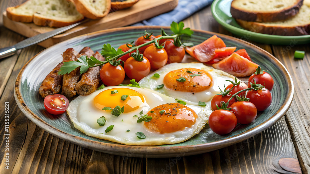 English breakfast food. Egg plate cooked. English breakfast food. Egg plate cooked.