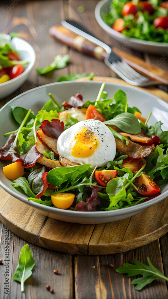 Fresh salad with poached egg, crisp bacon. Fresh salad with poached egg, crisp bacon.