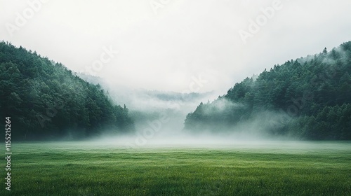 foggy forest with a field of grass and trees in the foreground photo