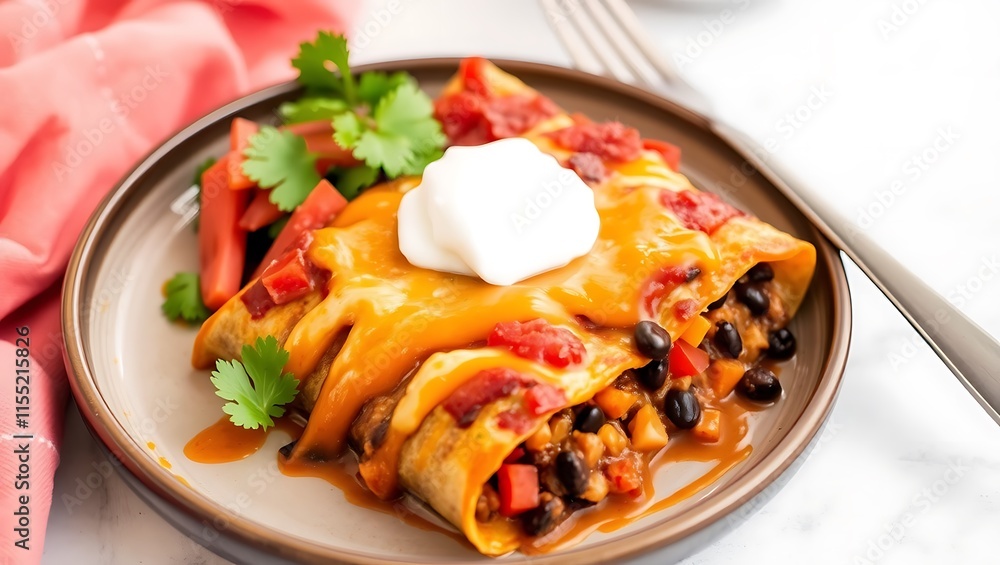 Mexican enchilada dish with sweet potatoes, corn, tomato salsa, and black beans served with vegan cheese Mexican enchilada dish with sweet potatoes, corn, tomato salsa, and black beans served with vegan cheese