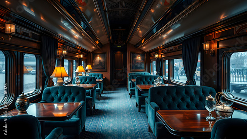 Luxury train lounge interior with velvet armchairs, wooden tables, and vintage decorative elements. Generative AI