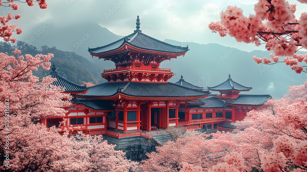 Fototapeta premium A temple surrounded by cherry blossoms symbolizing serenity and cultural heritage