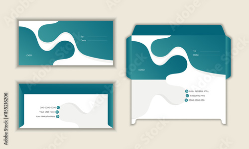 corporate Front and Back Envelope design template. Opened and closed envelope with a document. envelope with stamp