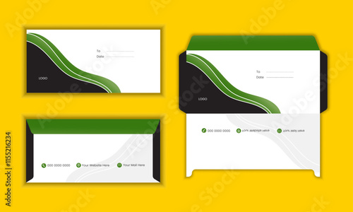 corporate Front and Back Envelope design template. Opened and closed envelope with a document. envelope with stamp