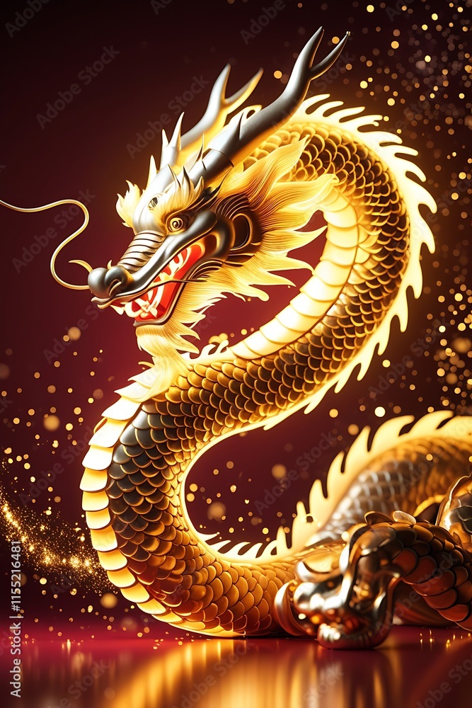 Fototapeta premium Golden glowing Chinese dragon, festive cinematic glow, Chinese New Year celebration, vibrant and radiant