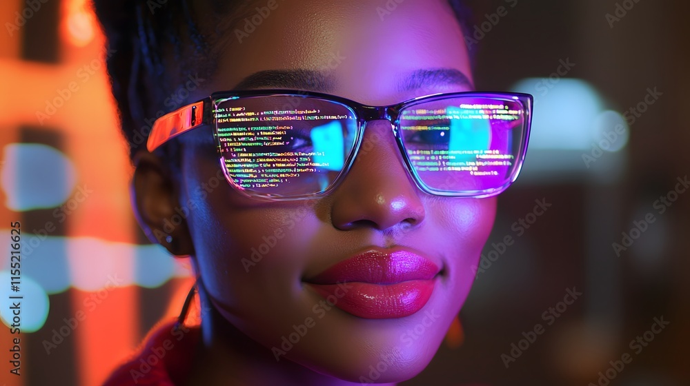 Woman Programmer Coding Glasses Night City Lights Reflection